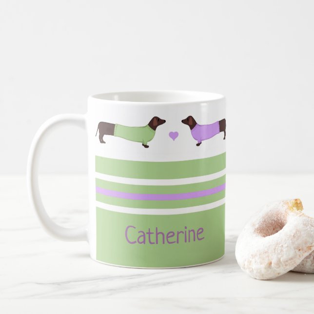 Extra Long Dachshunds - Mint Green and Lavender Coffee Mug (With Donut)
