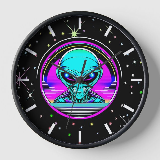 Extra Terrestrial Alien Flying a UFO Clock (Front)