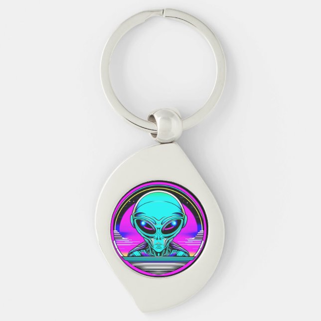 Extra Terrestrial Alien Flying a UFO Keychain (Front)