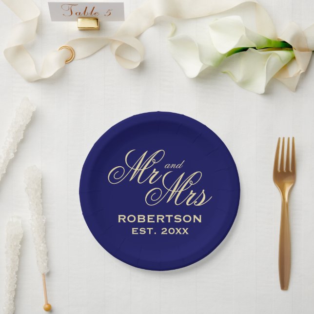 Extraordinary chic navy blue and cream wedding paper plate (Wedding)