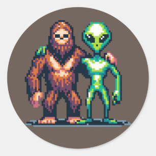 Extraterrestrial Alien Being and Bigfoot Pixel Art Classic Round Sticker