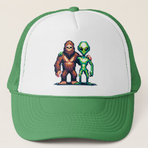 Extraterrestrial Alien Being and Bigfoot Pixel Art Trucker Hat