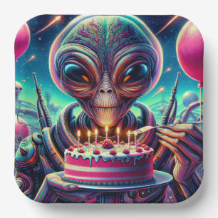 Extraterrestrial Alien Being eating Birthday Cake  Paper Plate
