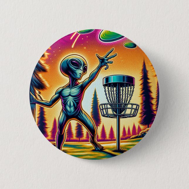 Extraterrestrial Alien Disc Golfing  2 Inch Round Button (Front)