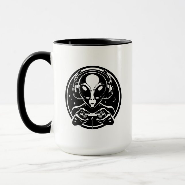 Extraterrestrial Alien Gamer with Headphones Mug (Left)