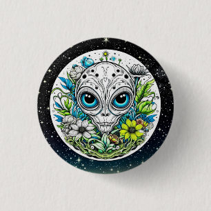 Extraterrestrial Alien in Flowers Starry Night 1 Inch Round Button