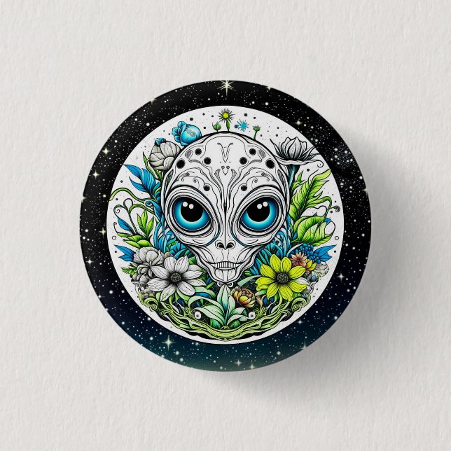 Extraterrestrial Alien in Flowers Starry Night 1 Inch Round Button (Front)