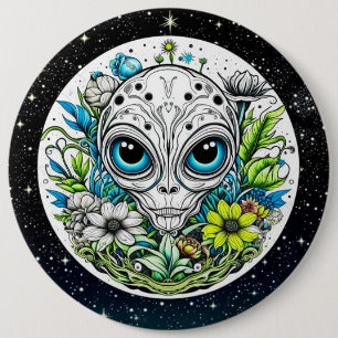 Extraterrestrial Alien in Flowers Starry Night 6 Inch Round Button