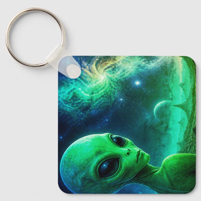 Extraterrestrial Alien Looking Over His Shoulder Keychain (Front)