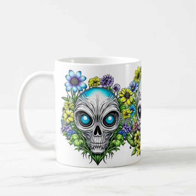 Extraterrestrial Alien Skulls and Flowers  Coffee Mug (Left)