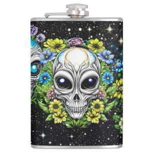 Extraterrestrial Alien Skulls and Flowers Hip Flask