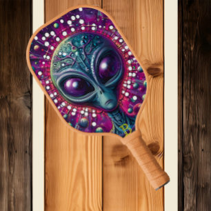 Extraterrestrial Encounter: Alien Head Surrounded  Pickleball Paddle