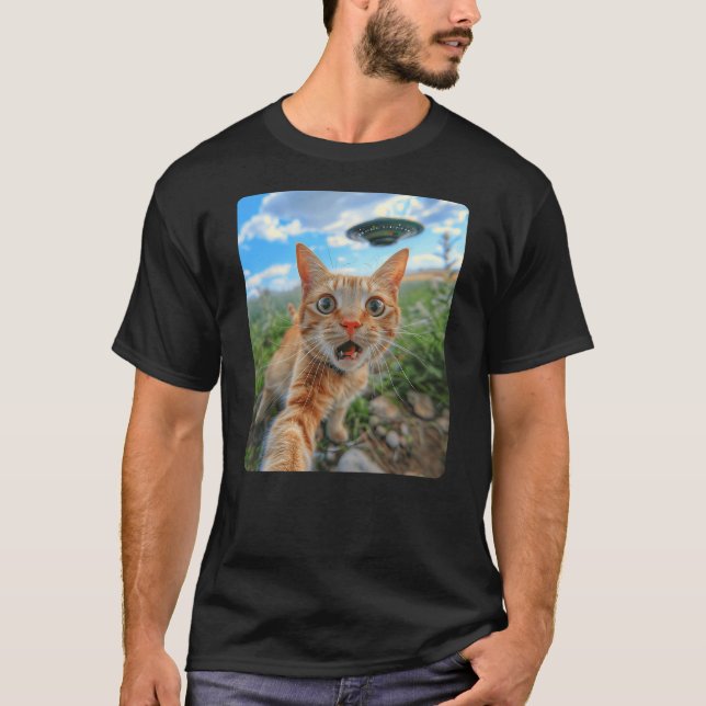 Extraterrestrial Encounter Cat Selfie with UFO T-Shirt (Front)