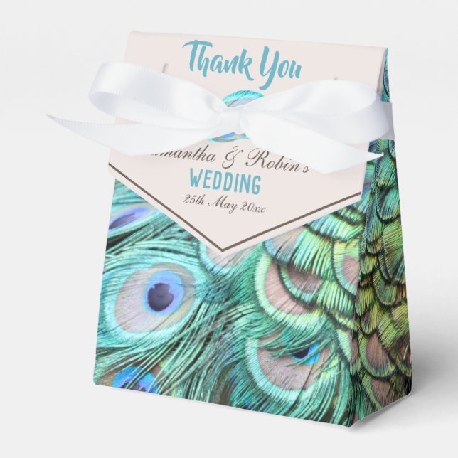 Extravagant Aqua Peacock Feathers Wedding Favor Box (Front Side)