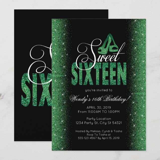 Extravagant Emerald Sweet 16 Party Invitations (Front/Back)