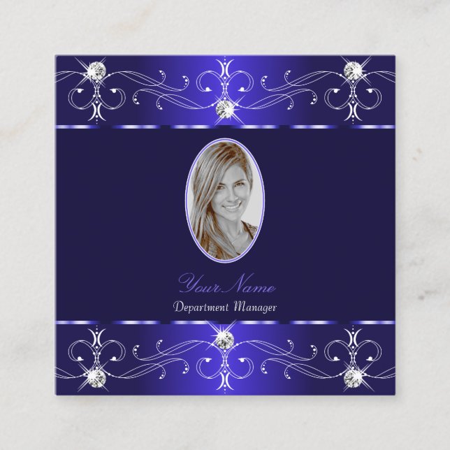 Extravagant Royal Blue Ornate Ornaments with Photo Square Business Card (Front)