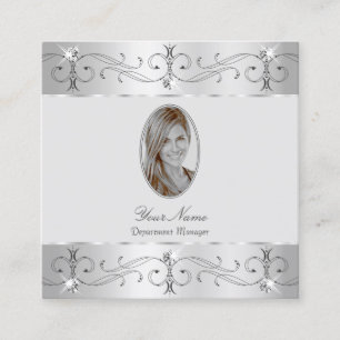 Extravagant Silver Grey Ornate Ornaments Add Photo Square Business Card