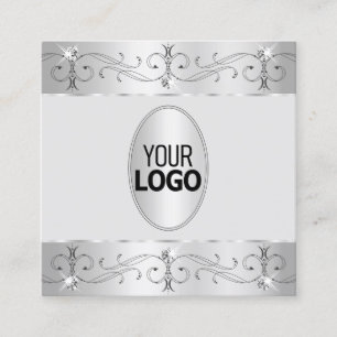 Extravagant Silver Grey Ornate Ornaments with Logo Square Business Card