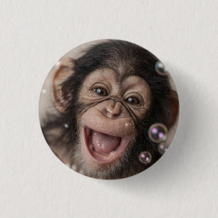 Extreme Close-Up of Happy Baby Chimpanzee 1 Inch Round Button