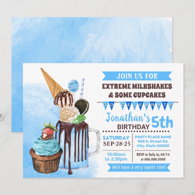 Extreme milkshakes ice cream birthday bash blue invitation (Front/Back)