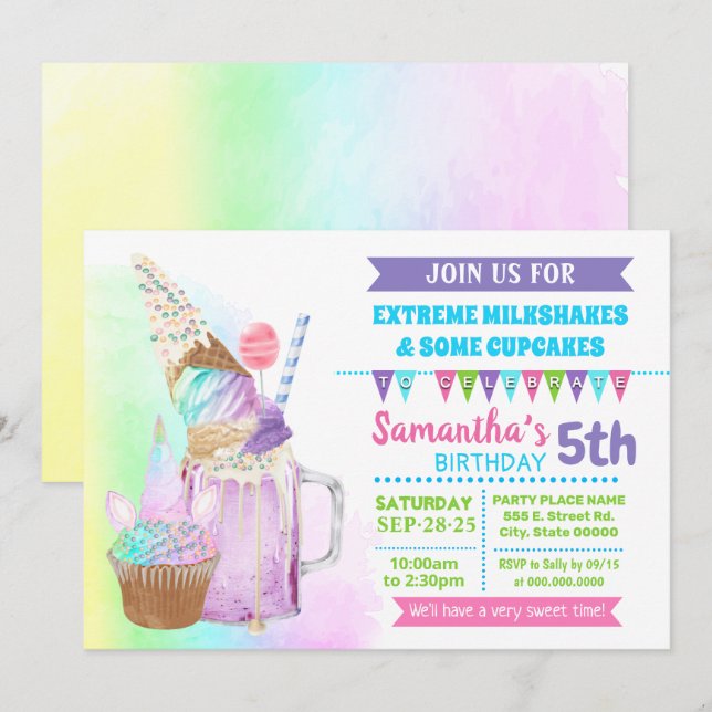Extreme milkshakes ice cream birthday bash unicorn invitation (Front/Back)