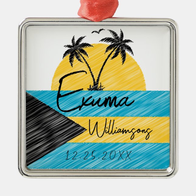 Exuma Bahamas Flag Palm Tree Sunset Souvenirs Metal Ornament (Front)