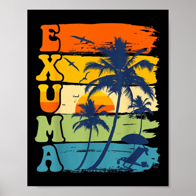Exuma Bahamas Retro Palm Tree Beach Summer Vacatio Poster (Front)