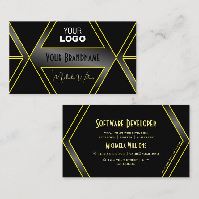 Eye Catcher Black and Yellow Flashy with Logo Cool Business Card (Front/Back)
