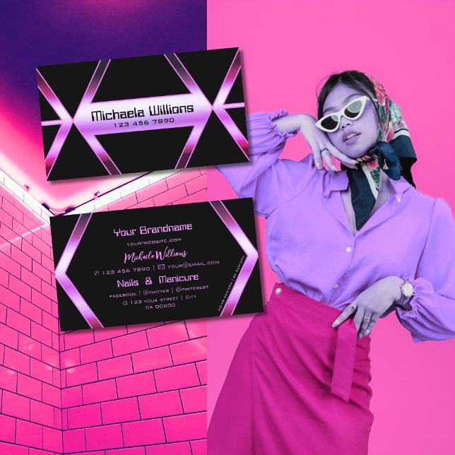 Eye Catcher Black Geometric Pink Purple Shimmer Business Card (Creator Uploaded)
