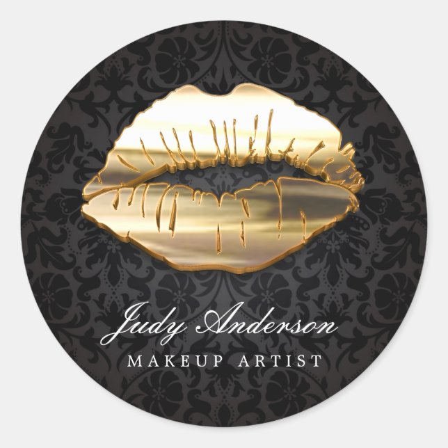 Eye Catching 3D Black Gold Lips Makeup Artist Classic Round Sticker (Front)
