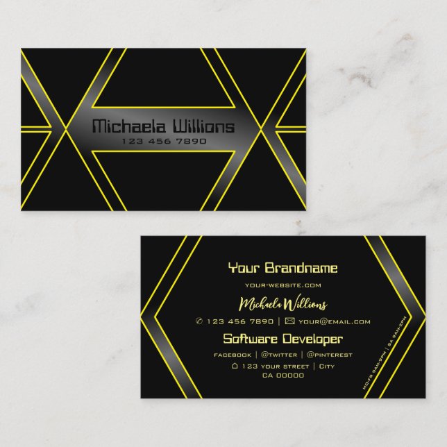 Eye Catching Black and Yellow Flashy Geometric Business Card (Front/Back)
