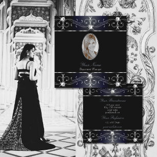Eye Catching Black Blue Ornate Ornaments Add Photo Square Business Card