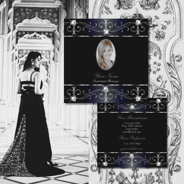 Eye Catching Black Blue Ornate Ornaments Add Photo Square Business Card (Creator Uploaded)