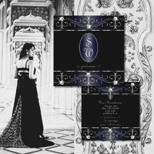 Eye Catching Black Blue Ornate Ornaments Monogram Square Business Card