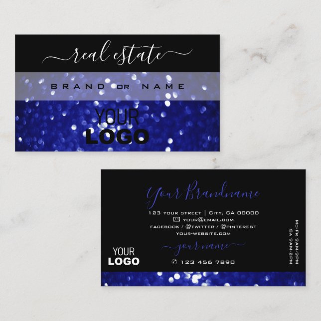Eye Catching Black Blue Sparkling Glitter Add Logo Business Card (Front/Back)