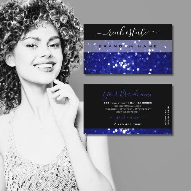 Eye Catching Black Blue Sparkling Glitter Shimmery Business Card (Creator Uploaded)