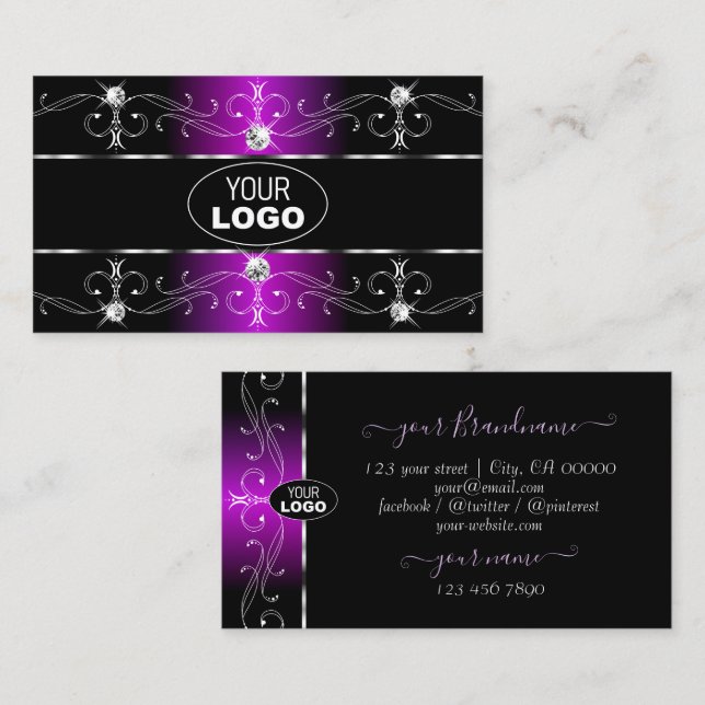 Eye Catching Black Purple Ornate Borders with Logo Business Card (Front/Back)