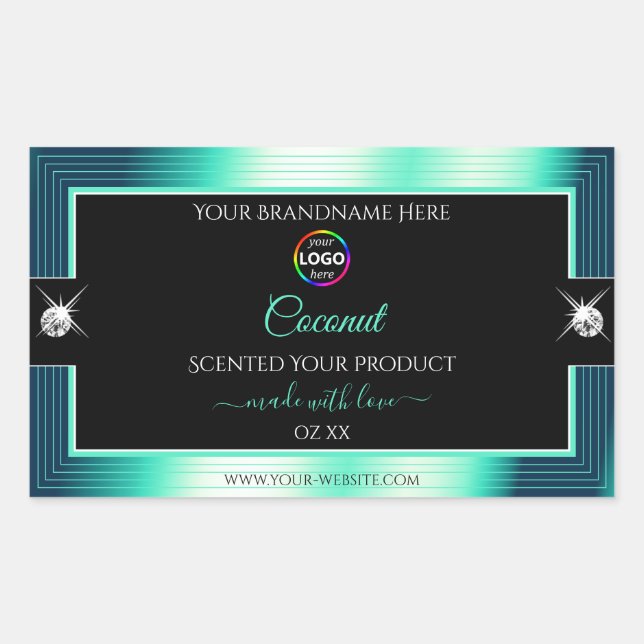Eye Catching Black Shiny Teal Logo Product Label (Front)