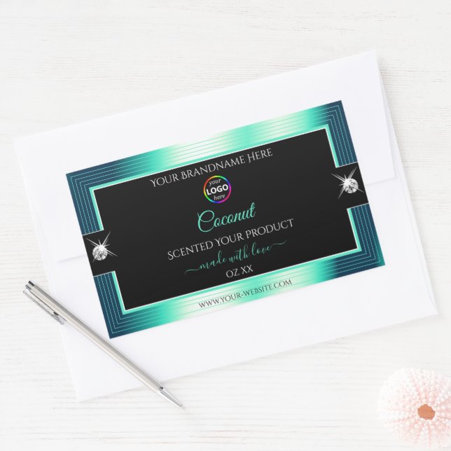 Eye Catching Black Shiny Teal Logo Product Label (Envelope)