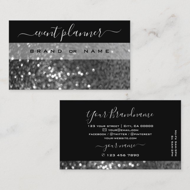 Eye Catching Black Silver Sparkle Glitter Shimmery Business Card (Front/Back)