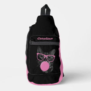 eye-catching cat pink glasses and chewing gum sling bag
