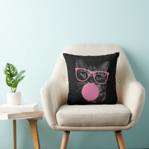 eye-catching cat pink glasses and chewing gum throw pillow