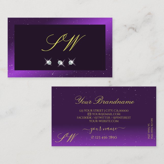 Eye Catching Dark Purple Sparkle Diamonds Initials Business Card (Front/Back)