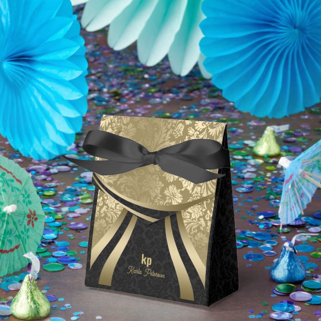 Eye-Catching Gold Black Damask Dynamic Lines 2 Favor Box (Party)
