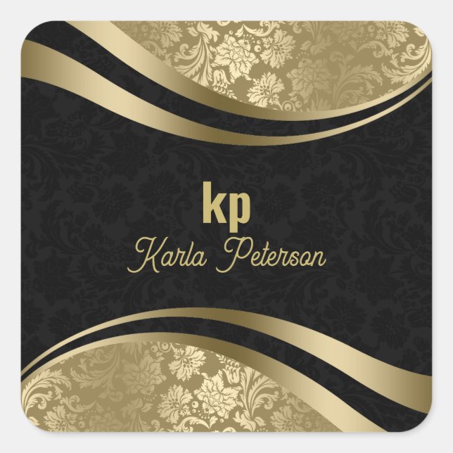 Eye-Catching Gold Black Damask Dynamic Lines 2 Square Sticker (Front)