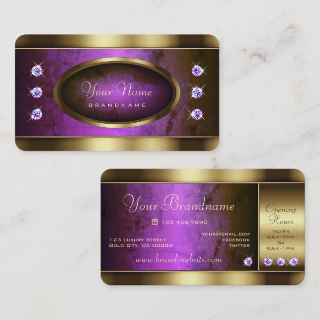 Eye Catching Gold with Purple Marble and Diamonds Business Card (Front/Back)