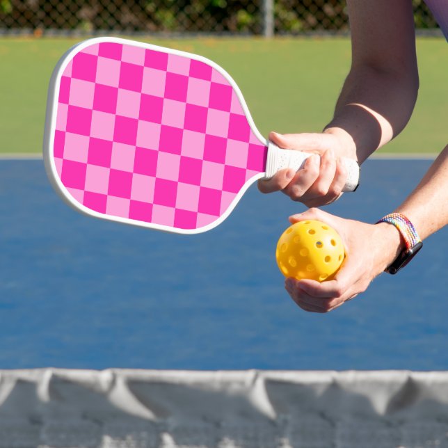 Eye-Catching Pink Chequerboard Pickleball Paddle (Insitu)