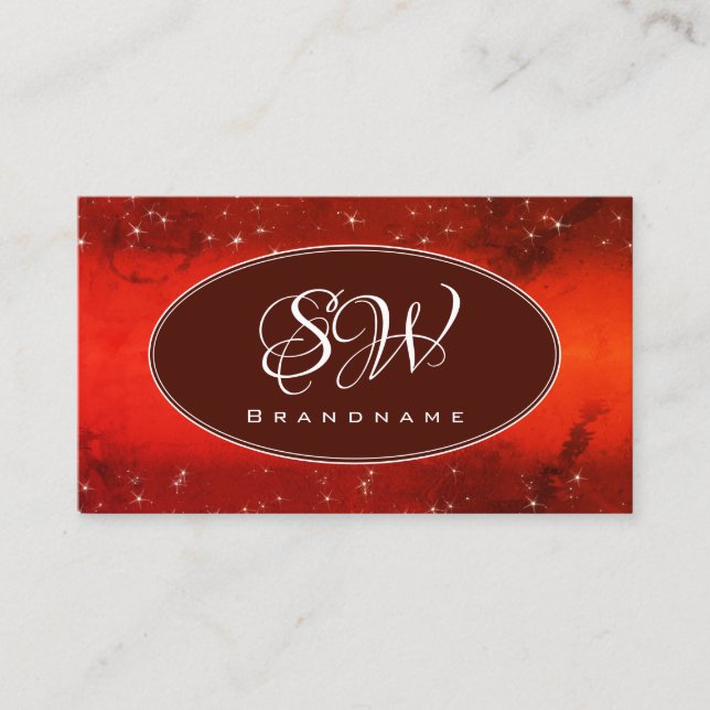 Eye Catching Red Marbled Glitter Stars Initials Business Card (Front)