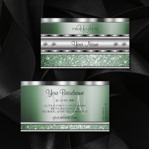Eye Catching Silver Green Sparkle Glitter Monogram Business Card