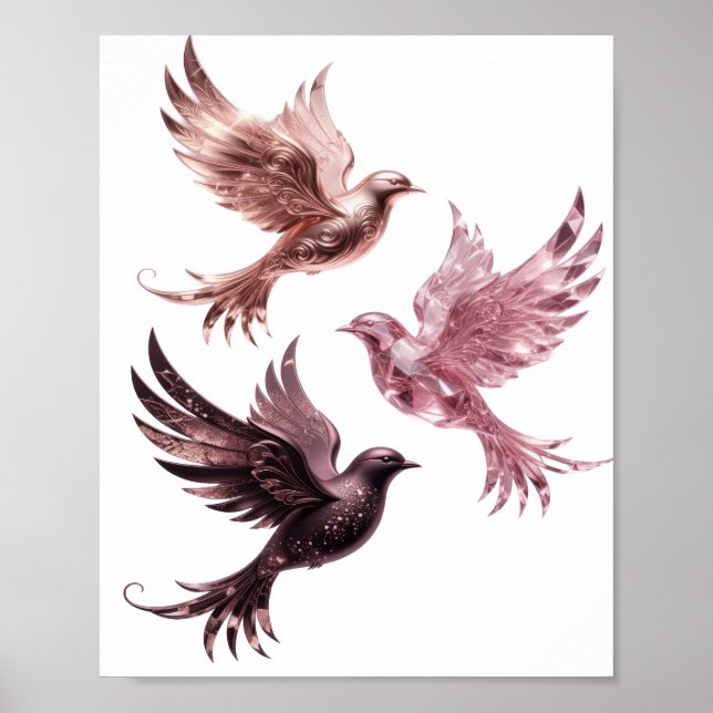 Eye-Catching Silver THREE PINK BIRDS Design Poster (Front)